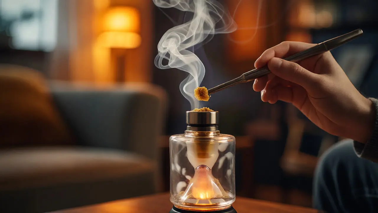 Ruka nanáší CBD crumble na zahřátý dab rig s párou