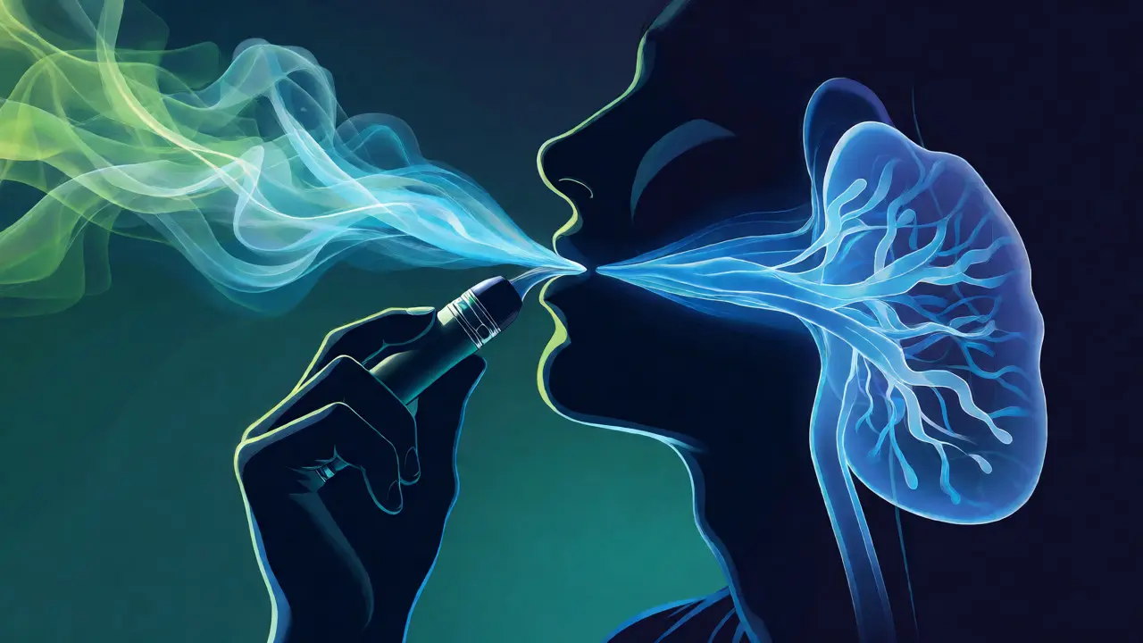 Stylizovaná ilustrace vdechování výparů z vaperačního pera