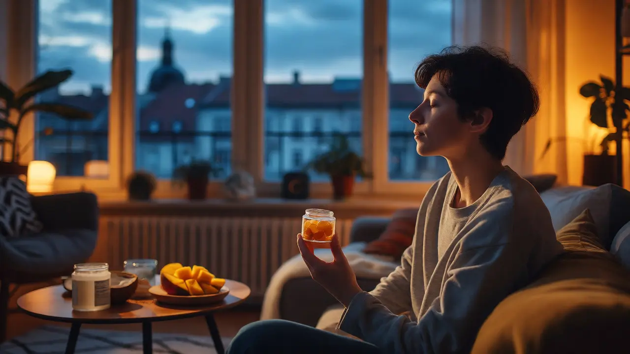 Uvolněná osoba v obývacím pokoji drží nádobku s infused gummies