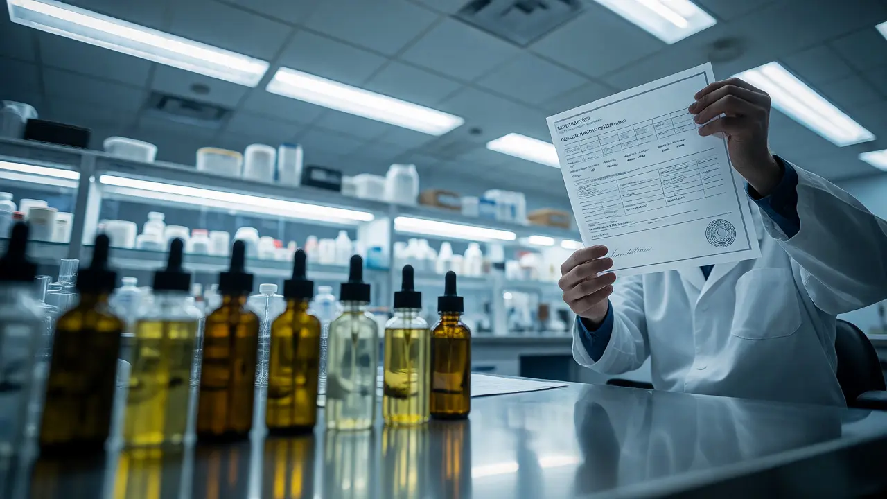 Vědec v laboratoři kontrolující certifikát kvality u lahviček