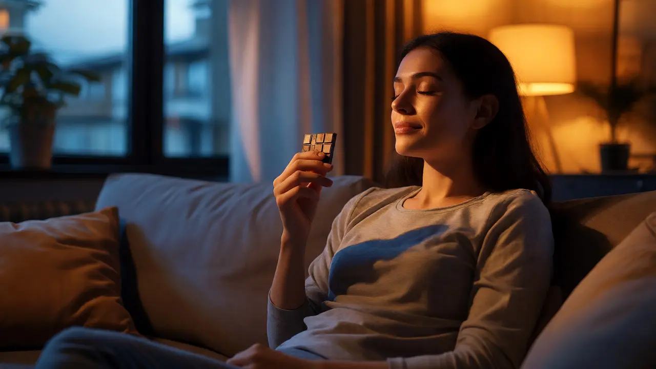 Žena relaxující večer na gauči s kouskem CBD čokolády